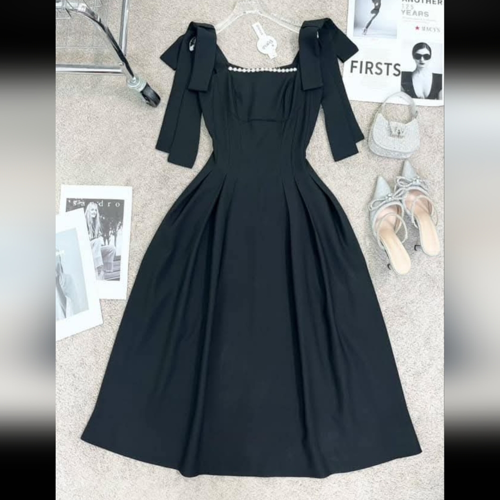 & Other Stories Black Midi Dress with Pearl Detail
